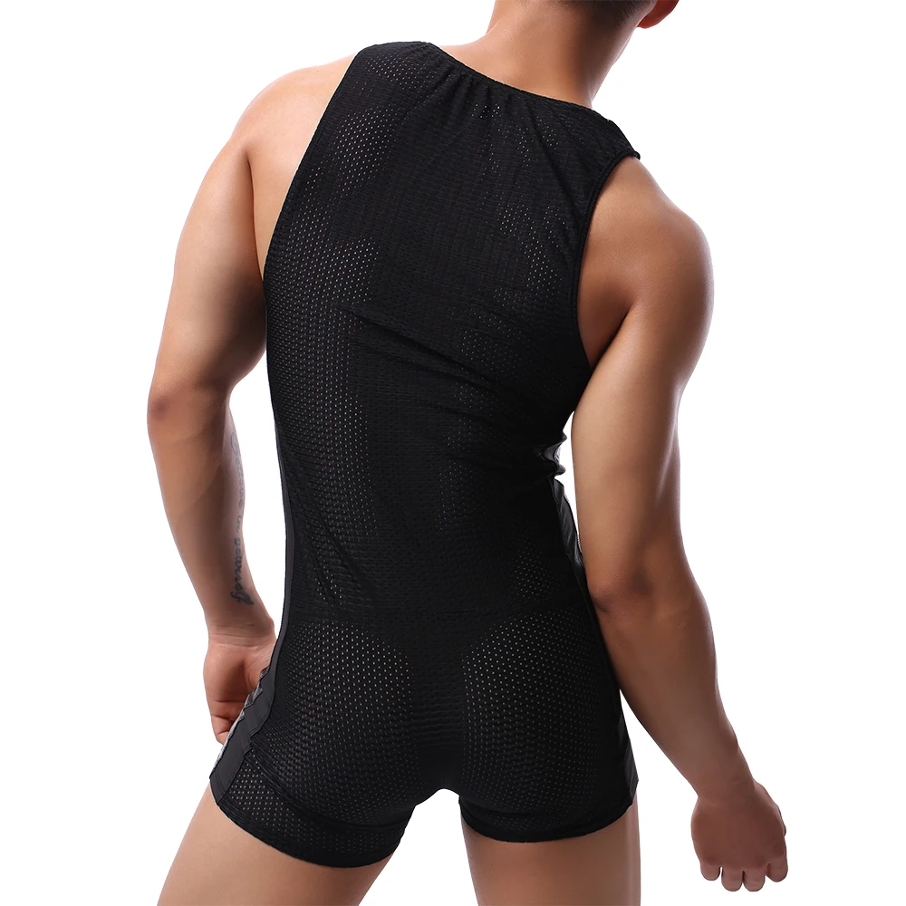 Sexy Men Undershirt Leotard Mesh PU Leather Jumpsuit Breathable Bodysuit Boxers Wrestling Singlet Bodybuilding Sports Underwear