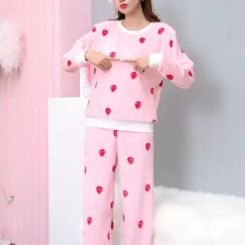 

Womens Winter Flannel Pajamas Set Long Sleeve O-Neck Tops Elastic Waist Pants Cute Cartoon Print Thermal Sleepwear Loungewear