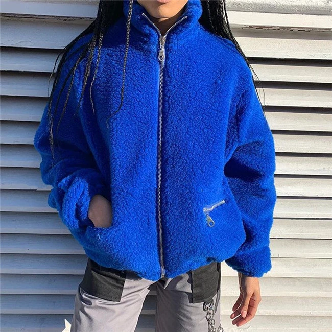 Хип-хоп панк готический электро-оптический синий имитация кашемира молния стоячий воротник куртки для женщин Свободное пальто veste