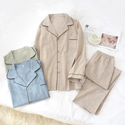 Spring and Autumn Men's 100% Cotton Long-sleeved Trousers Home Service Simple Plaid Striped Pajamas Two-piece Sleepwear Pajamas