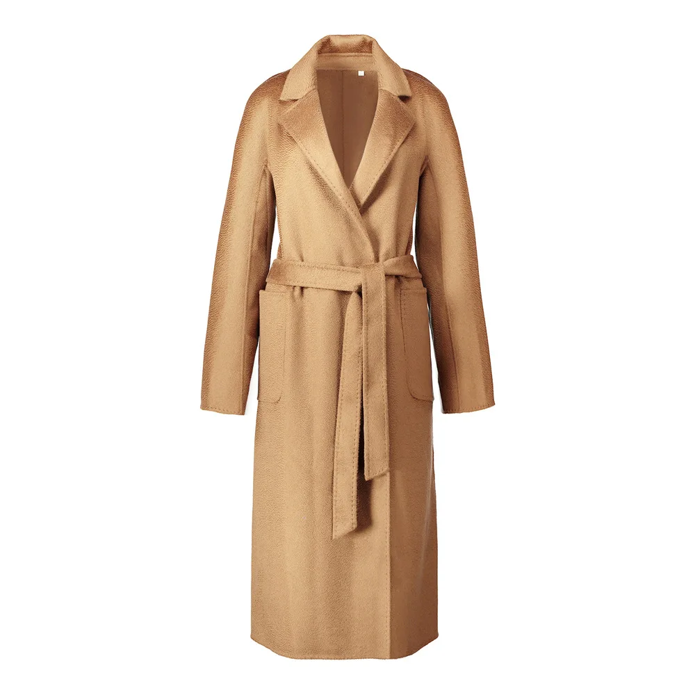 Шерстяное Женское пальто осеннее и зимнее классическое двухстороннее кашемировое пальто волнистое кашемировое длинное пальто свободный пояс черное корейское пальто - Цвет: Light Camel