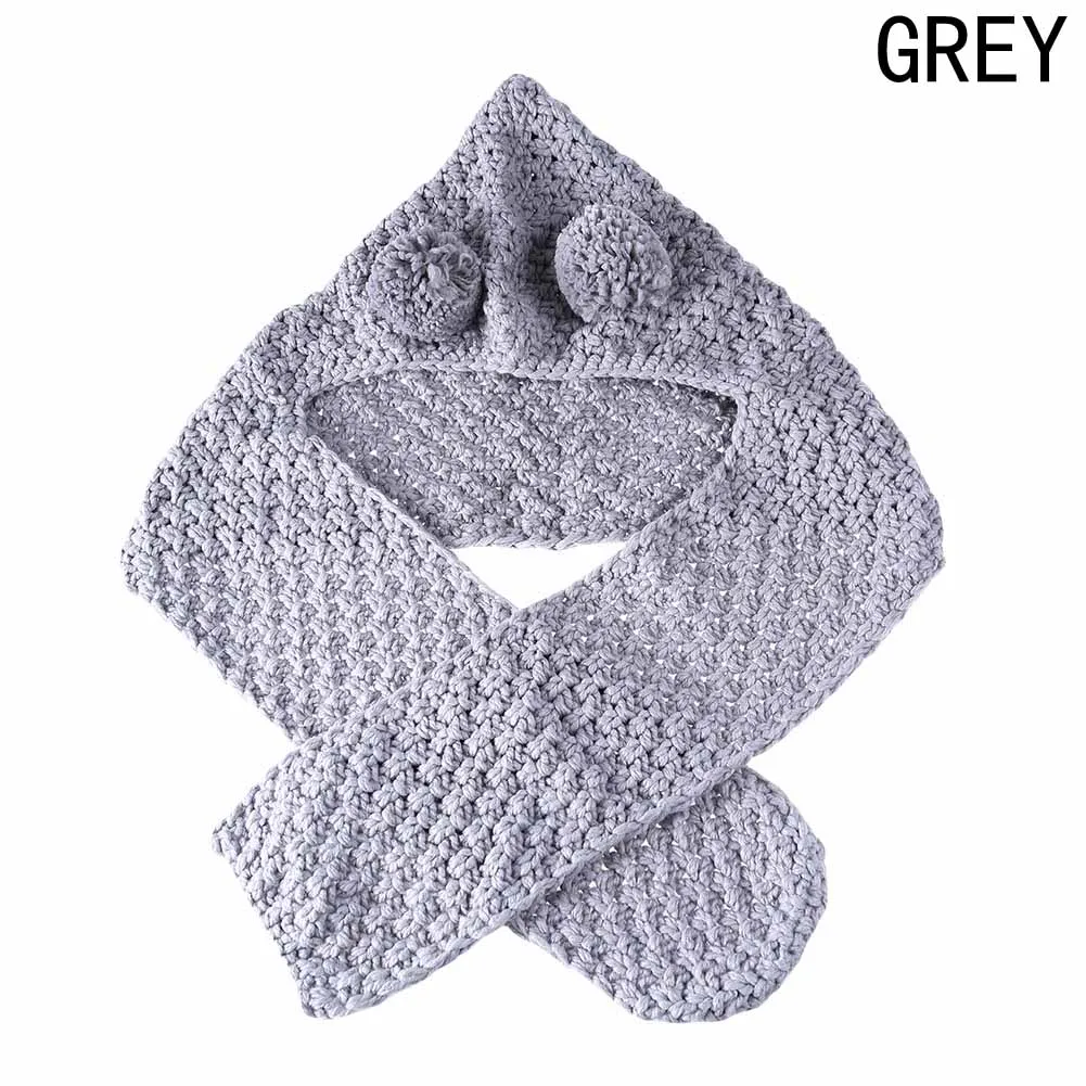 Gray Beige Winter Knitted Double Ball Hats Baby Girls Shawls Hooded Cowl Beanie Scarf - Цвет: GY
