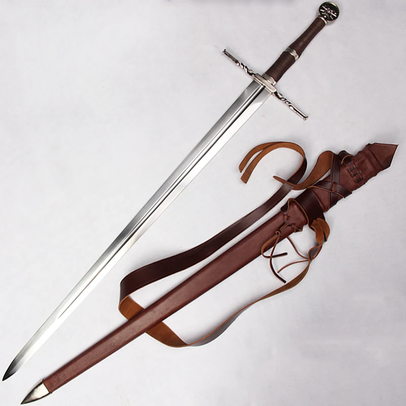 Espada Medieval hecha a mano de acero de resorte, hoja Tang completa,  ensamblaje profesional para batalla, funda de madera envuelta con cuero  Real - AliExpress