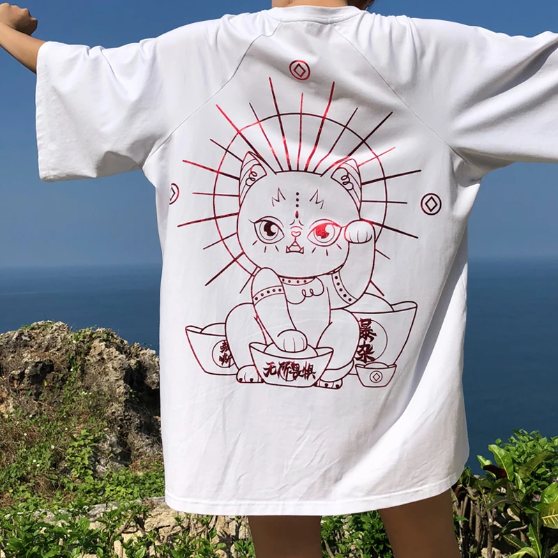 Готический стиль Lucky Cat Печать негабаритных футболка для женщин короткий рукав тройник Эстетическая Корейская одежда