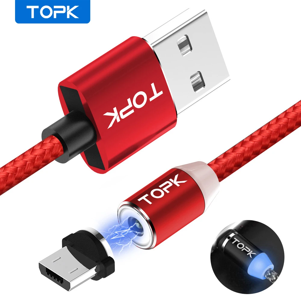 TOPK 1 м (3 3 фута) светодиодный магнитный кабель Micro USB Премиум нейлоновый Плетеный