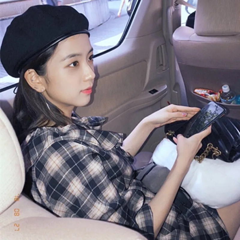 Черно-розовый Ким Jisoo Меховой берет шапка кепка осень зима Kpop Idol шерстяные художники береты шапки s унисекс