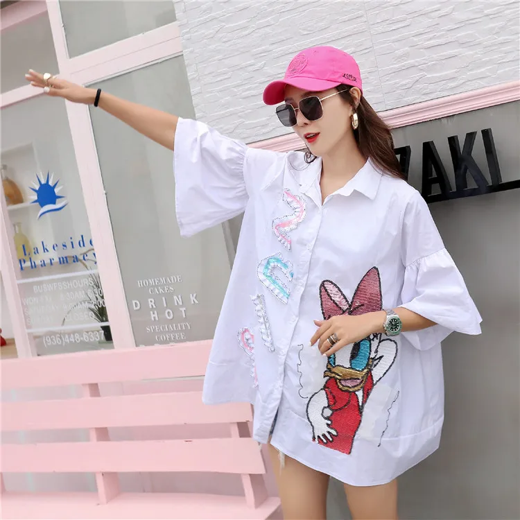 Белый Marca nueva industria pesada lentejuelas donald duck mangas acampanadas camisa suelta camisa mujer verano - Цвет: Белый