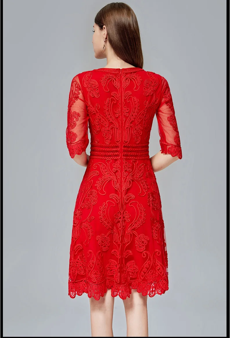 Slim Fit& Flare Dress Autumn Style Women O-Neck Allover Appliques Embroidery Red Wine Red Pink Black Dress Vestidos Festa