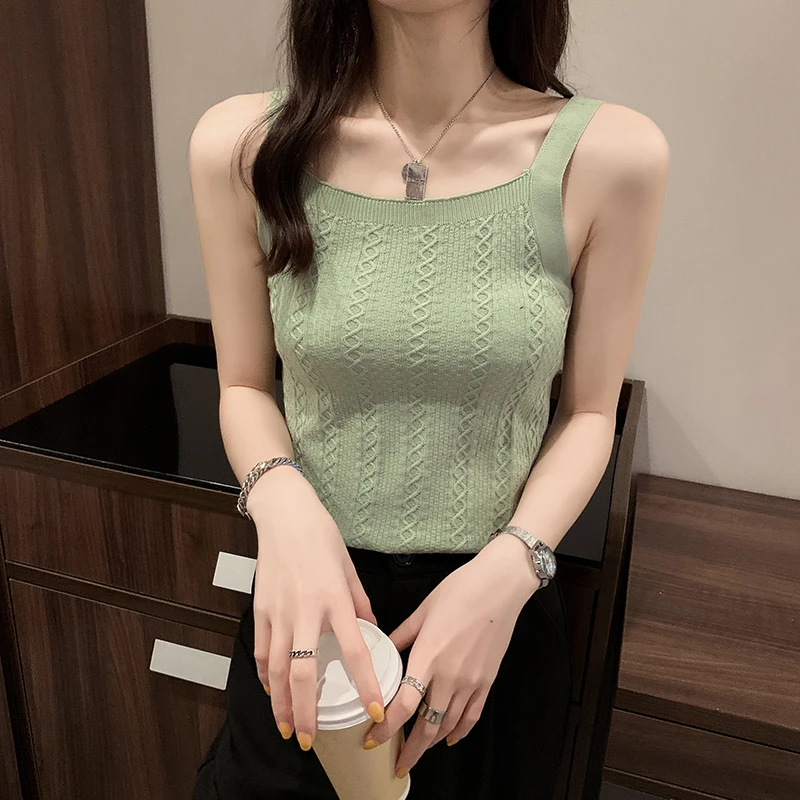 Solid Color Black and White Green Knit Camisole Top 2021 Summer Sleeveless Sexy Casual Camisole Top long camisole