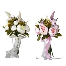 Свежий стиль, Искусственный Пион, свадебный букет с кружевной лентой, искусственный жемчуг для улицы, свадебные, церковные, вечерние, Декор