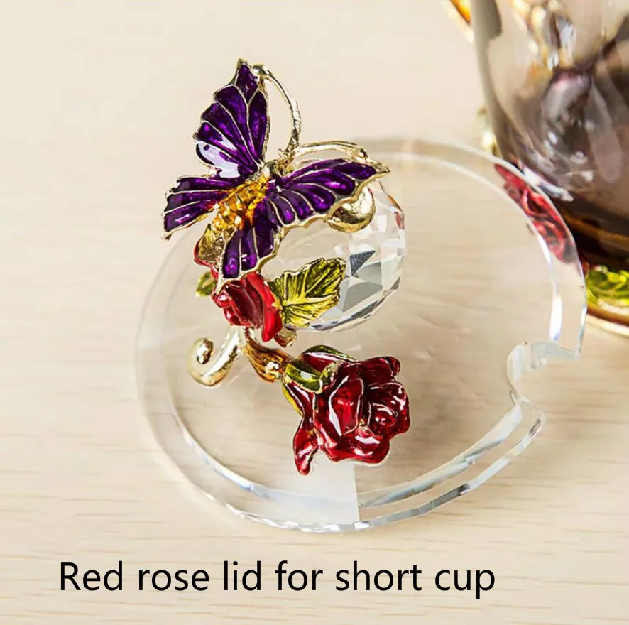 Ручная работа, эмалированная кофейная кружка, Хрустальная чашка, молоко, лимон, цветок, чайная чашка, Высококачественная стеклянная посуда для напитков, подарок, Пара кружек для влюбленных, свадьба - Цвет: Red lid short cup