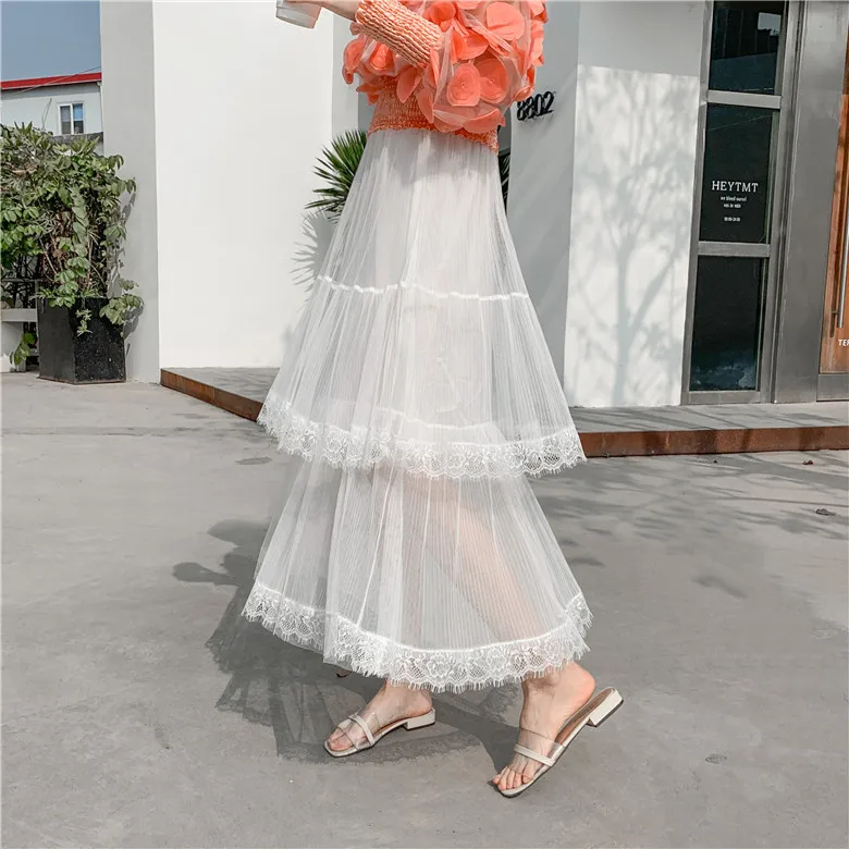 Женские плиссированные юбки, высокая талия, кружевная кромка, сетчатая юбка, модная и универсальная плиссированная юбка феи, длинная юбка, плиссированная юбка