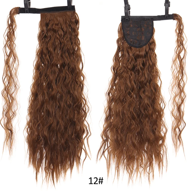 DIANQI Synthetic Corn Wavy Long Curly Ponytail Hairpiece Wrap on Clip Hair Extensions Black Pony Hair 12