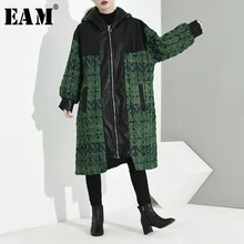 [EAM] свободное зеленое клетчатое кожаное пальто большого размера, плотное шерстяное пальто, парка, новинка, длинный рукав, женская мода, Осень-зима, A13