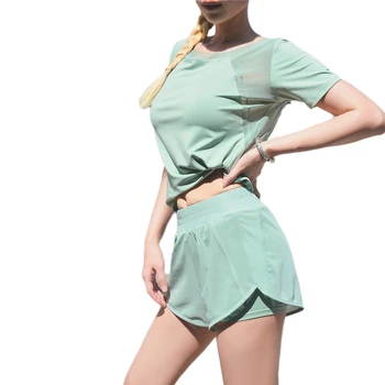 

High Waist 2 Piece Yoga Set Sportswear for Women Fitness Short Sleeve Crop Top Running Shorts Gym Workout Mesh patchwork Clothes