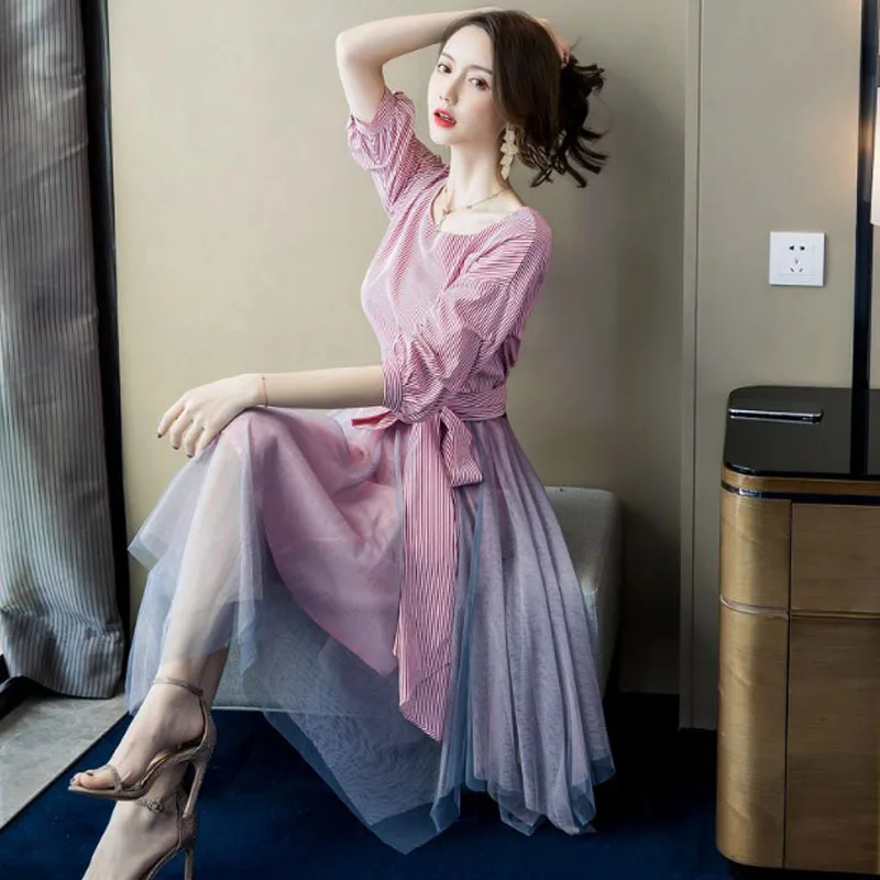 

WOMEN'S Dress 2019 Spring And Summer New Products Korean-style Elegant Stripes Half-sleeve Shirt Tops Irregular Mesh Skirt Two-P