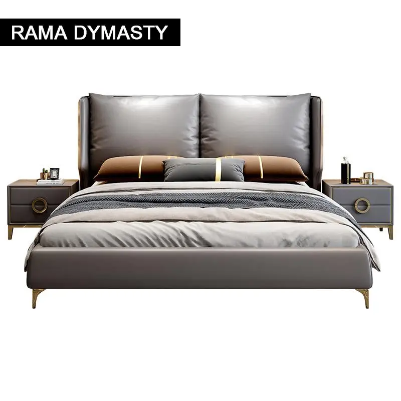 RAMA DYMASTY genuine leather soft bed modern design bed/ fashion king/queen size bedroom furniture