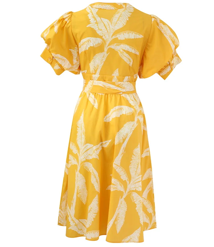 Delocah Runway Fashion Summer Dress Women's Puff Sleeve Printed Bow Tie Collect Waist Elegant Casual Holiday Ball Gown Dresses