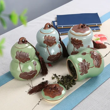 

Ceramic Tea Pot Ge Kiln Gourd Sealed Storage Tank Relief Lotus Double-Layer Tea Pot Food Container Kitchen Spice Storage Box