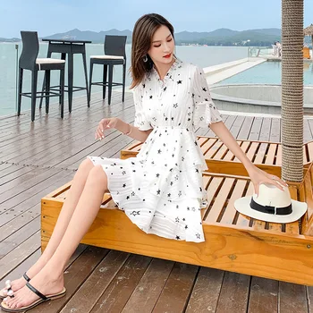 

Ladies Summer Cool Floral Chiffon Dress 2020 Women's Star Long Beach Dress Outdoor Vacation Loose Breathable Beach Dress