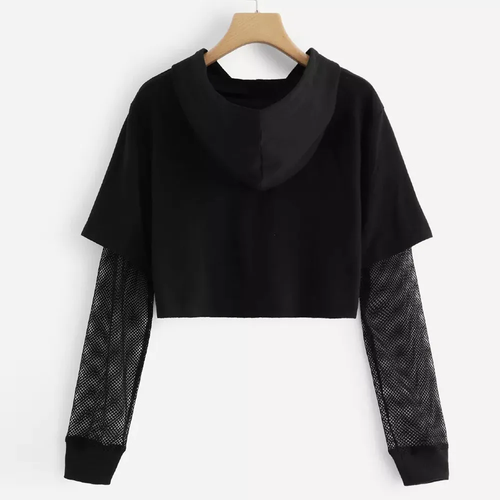 Hoodies Women Letters Mesh Long Sleeve Hoodie Sweatshirt Pullover Tops sudaderas para mujer bluza damska толстовка женская 2