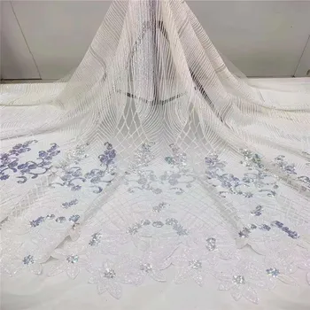 

Unique Design African Sequins Net Lace Fabric High Quality Nigeria Tassel Embroidery White Sequins Lace Fabric for party