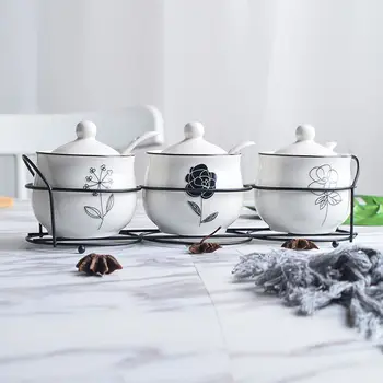 

Ceramic Seasoning Jar Three or Four Sets of Seasoning Pot Bottle Set Put Salt Pot MSG Lid Send Spoon Rack Seasoning Bottle
