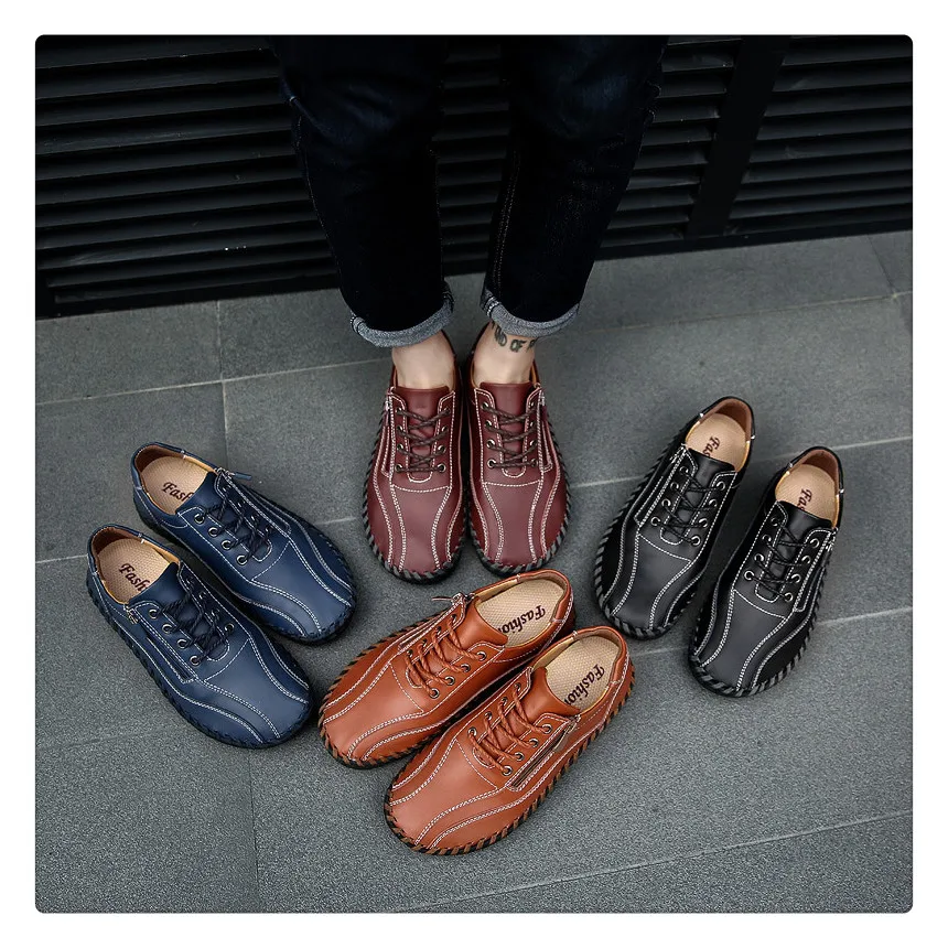 Мужская обувь из натуральной кожи; повседневные кроссовки; большие размеры 38-50; мужские мокасины на шнуровке; 4 цвета: черный, коричневый, синий, оранжевый