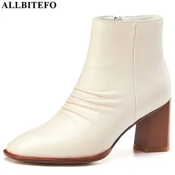 

ALLBITEFO natural genuine leather women boots high heel leisure ankle boots comfortable Pure color Autumn Winter fashion boots