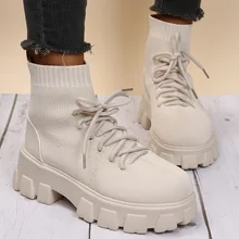 

New Couple Socks Shoes Autumn Winter Women Ankle Boots Platform Casual Lace Up Knitted Short Boots Women's Botas De Mujer