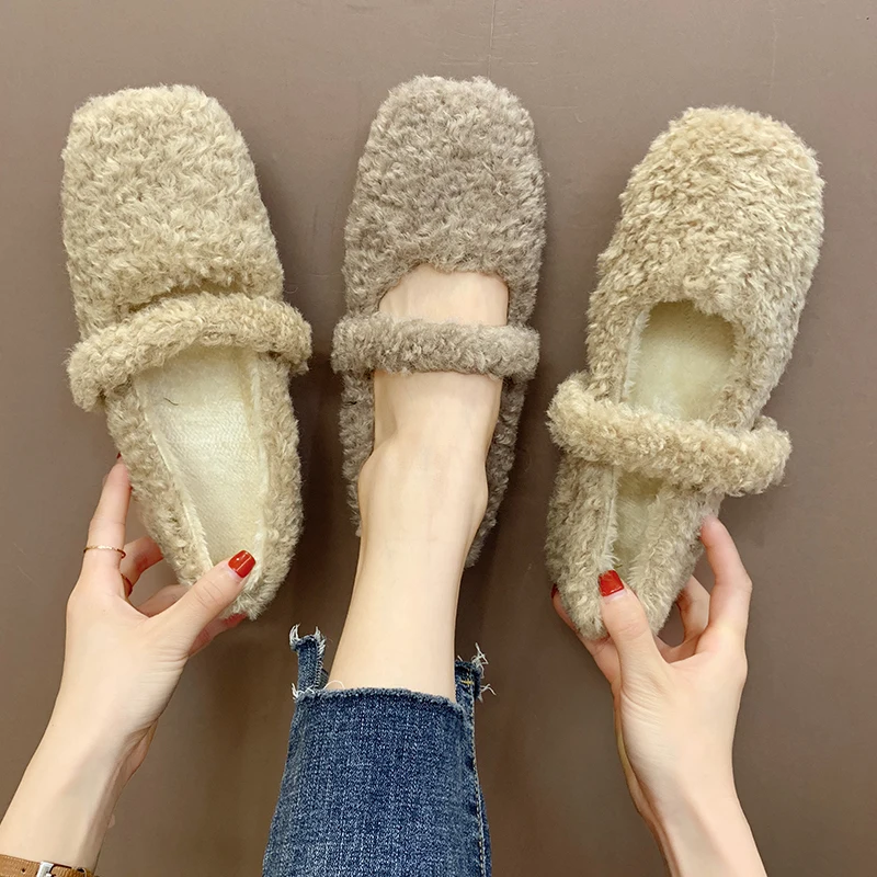 

Moccasin Shoes Women Flats Square Toe Loafers Fur Slip-on Shallow Mouth Autumn All-Match Casual Female Sneakers 2019 Fashion