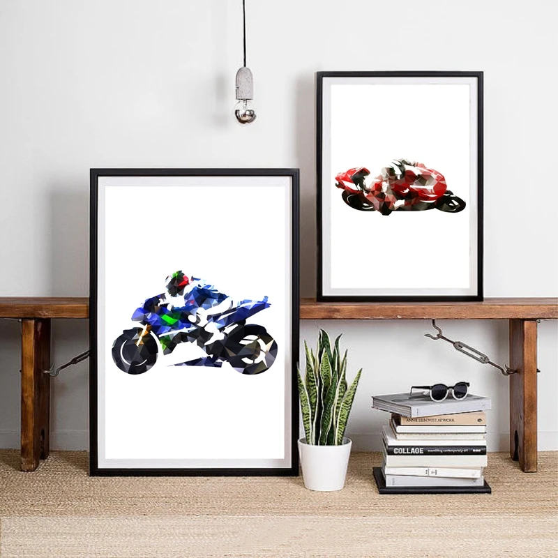 

Canvas Painting Road Motorcycle Racing Posters and Prints Abstract Polygonal Blue Motorcycle Rider Illustration Wall Art Decor