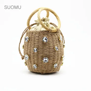 

Beach bag round rattan handle woven bucket bag straw totes basket bucket bag women summer handbag 2020 new fashion