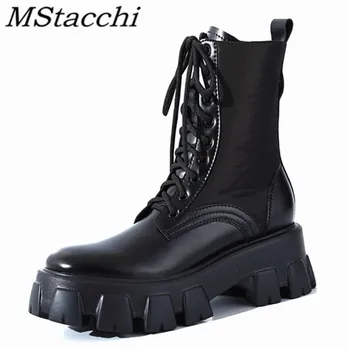 

Mstacchi Women Packet Platform Cross-tied Sewing Short Boots Punk Lady Patchwork Leather Belt Boots Flat Round Toe Ankle Boots