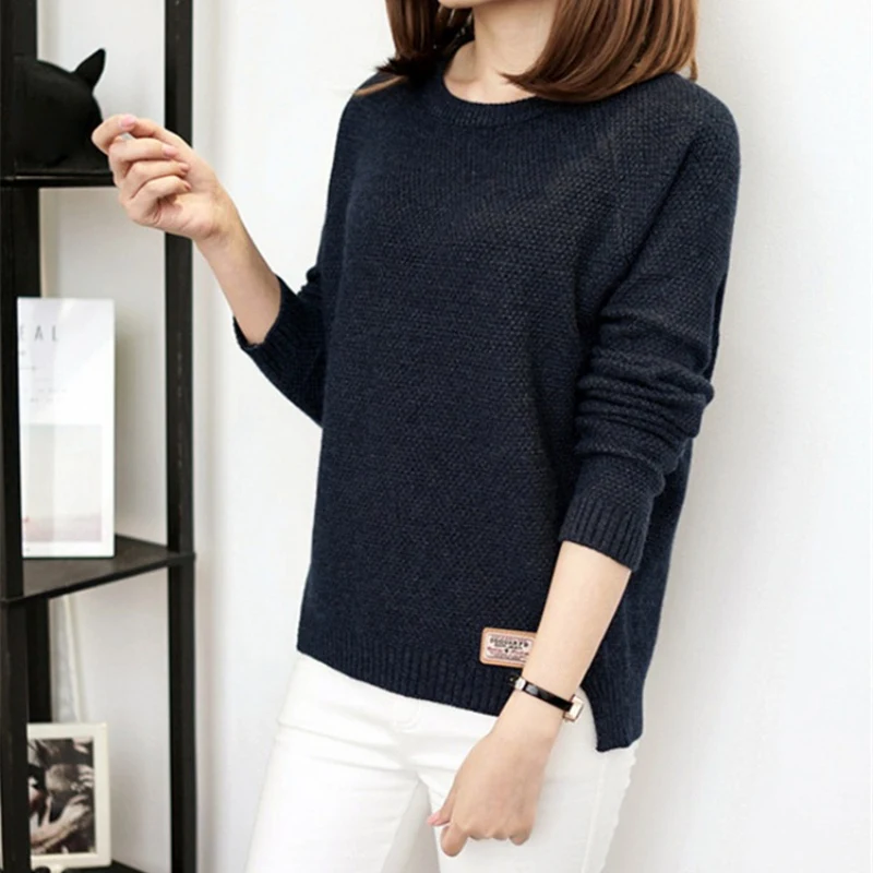 Women Sweater Simple Casual Pullover Tops Long-Sleeve O-Neck Female Sweaters Loose Solid Color Knit Bottoming Top Sweater