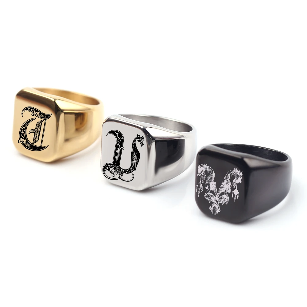 Anillo personalizado con grabado inicial la A la Z, sello de acero inoxidable, anillo liso en blanco, joyería en tono dorado pulido|Personalizado Anillos| - AliExpress