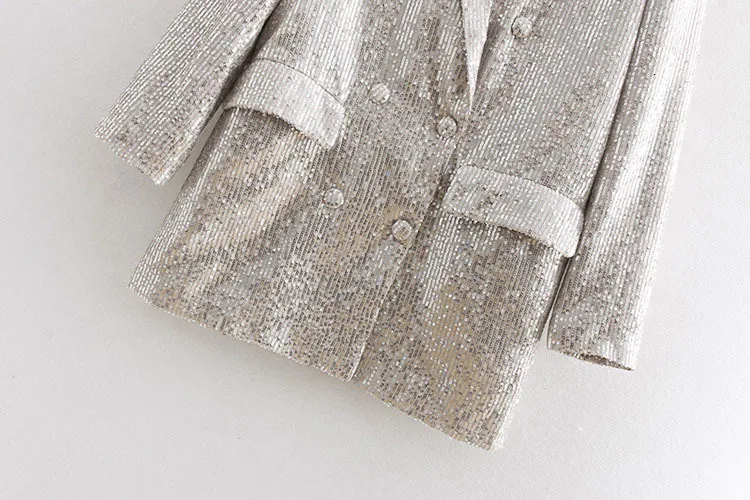 Женская мода Blingbling темперамент пальто костюм женский двубортный пиджак с блестками Повседневная блестящая верхняя одежда с карманами QT10