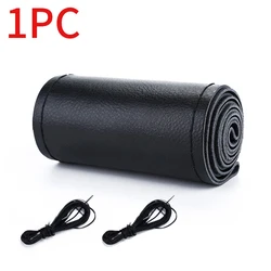 Premium Universal Genuine Leather Steering Wheel Cover - Anti-Slip Braided Cowhide Protector (Style 1 Black)