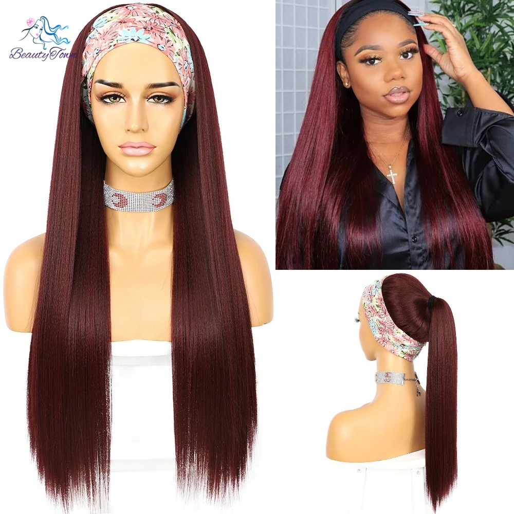 Synthetic Headband Wig 30inch Long Burgundy Red Women Hair fDaily Wedding Party Glueless Light Yaki Straight Wigs 2 Free Bands