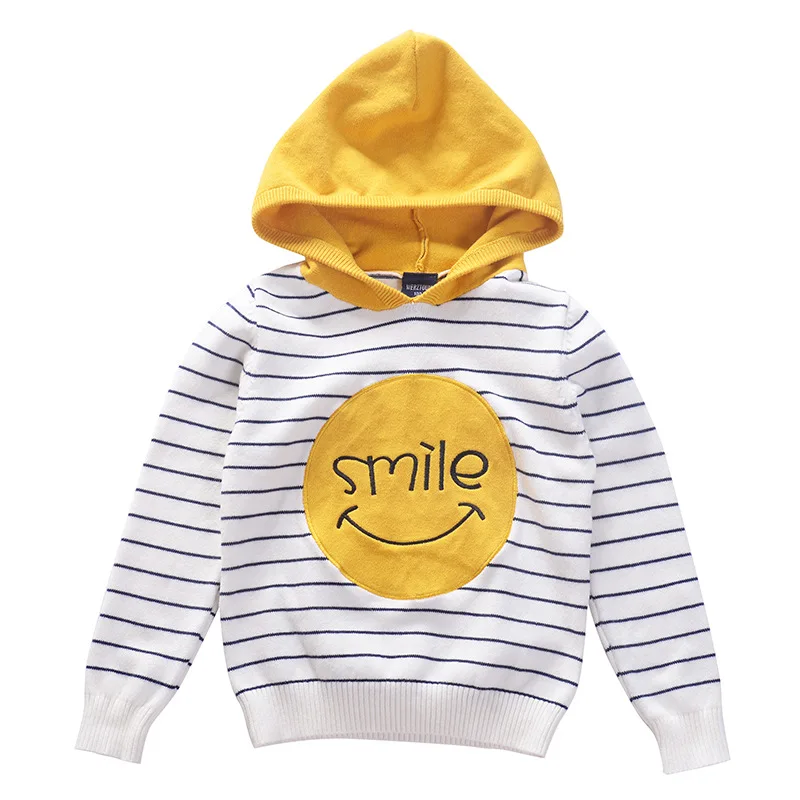 smile happy striped boys girls knitted wear hooded kids sweaters cotton spring autumn children's clothing pullover