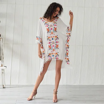 

Beach Swimwear Women Dresses Plus Size Swimsuit Woman Kaftan New 2020 Dress Embroidery Quartet Skirt Patchwork Cotton