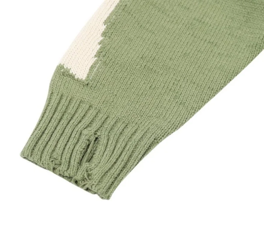 Men Oversized Sweater Green Loose Skeleton Bone Printing Woman High Quality High Street Damage Hole Vintage 1:1 Knitted Sweater