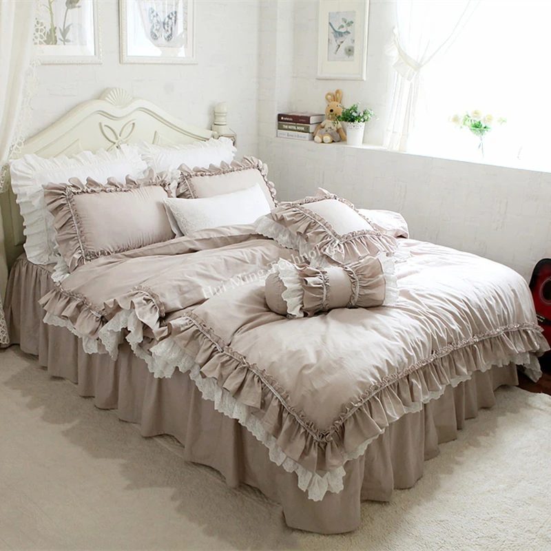 European Khaki bedding set double ruffle lace duvet cover bedding elegant bedspread bed sheet wedding decor bed clothes HM-04B