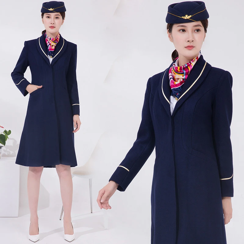 

Air China Flight attendant coat winter long uniform knee Length wool coat flight Airline stewardess overcoat professional dress