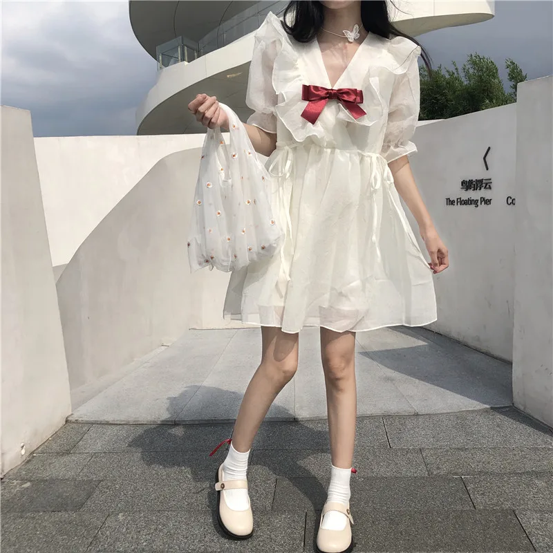 French Summer New Temperament Dress Sweet V-Neck Bow Tender Girl Puff Sleeve Dress Sweet Bandage Bow Women Party Bud Dresses