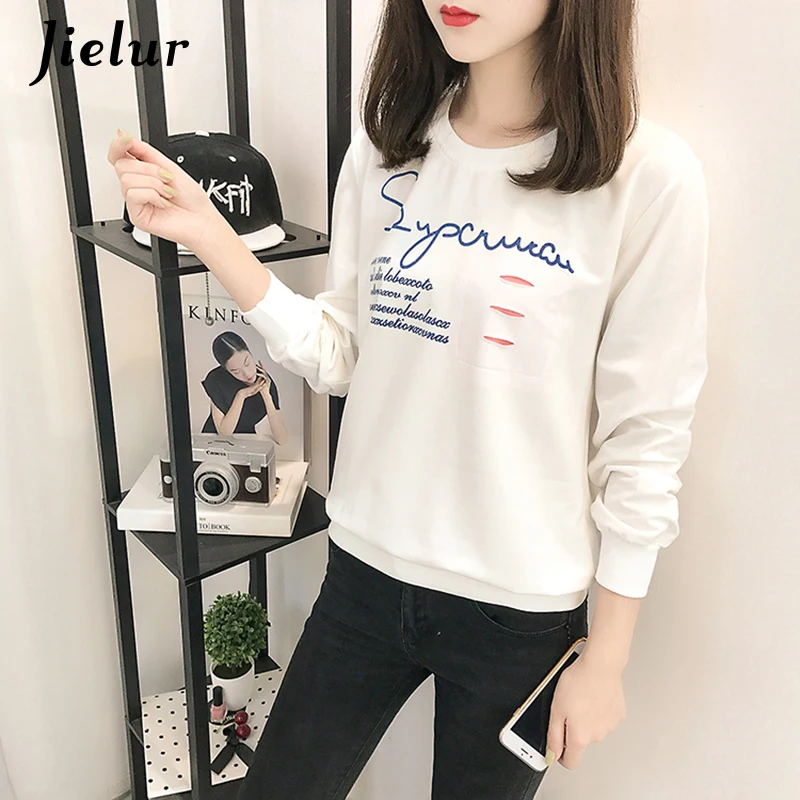 

Jielur Korean Style Letter Print Scratched BF Sweatshirt for Women Autumn Loose Thin Hoody Harajuku Street Fashion Hoodies M-XXL