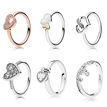 

925 Sterling Silver Ring Charms 925 Women Heart Diy Crystal Romantic Rose Gold Color Ring For Women Jewelry