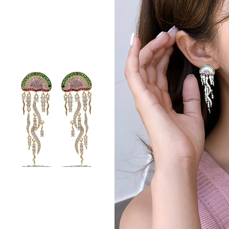 

2019 Jellyfish Tassel Zircon Earring for woman Female Jewelry Personality Cute Earrings Creative Woman Girl Gift 925 pins