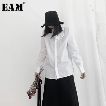 

[EAM] Women white flower split temperament Blouse New Lapel Long Sleeve Loose Fit Shirt Fashion Tide Spring Autumn 2020 19A-a677