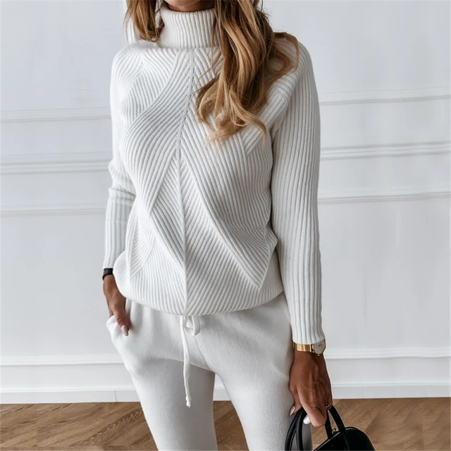 TYHRU Autumn Winter Women's tracksuit Solid Color Striped Turtleneck Sweater and Elastic Trousers Suits Knitted Two Piece Set 1